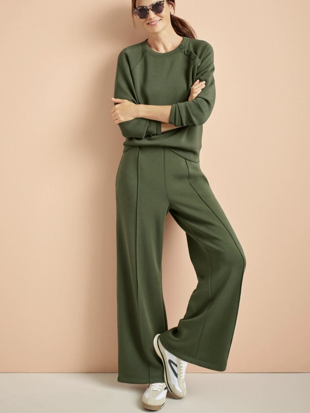 Talbots AirKnit Stretch Hollywood Waist Wide Leg Pants Size S Olive Green Flowy